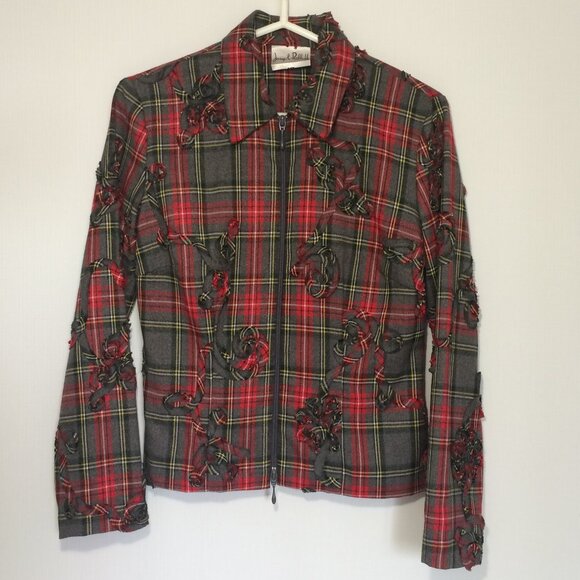 Joseph Ribkoff Womens Plaid Jacket Sz 8 Gray Red Floral Long Sleeve Full Zip - Picture 1 of 6